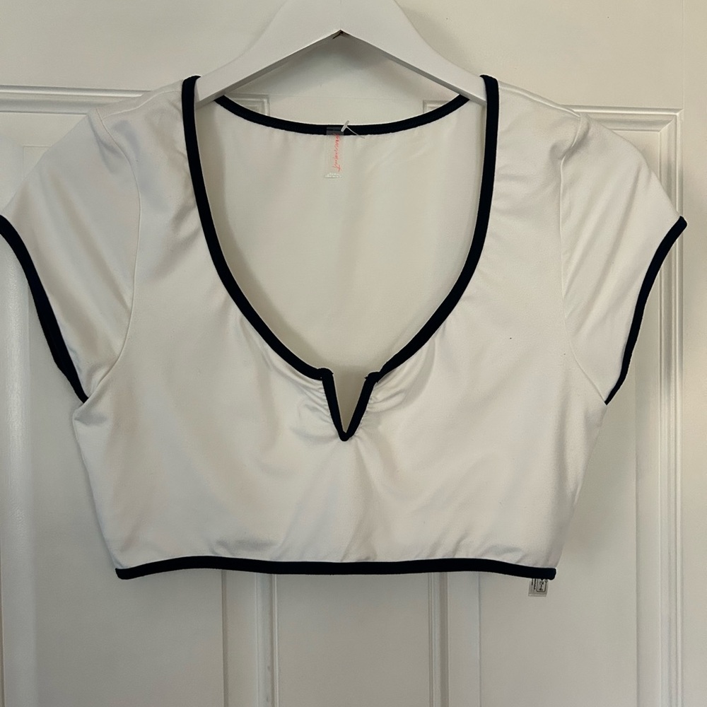 Free People V-Neck White Crop Top with Black Trim